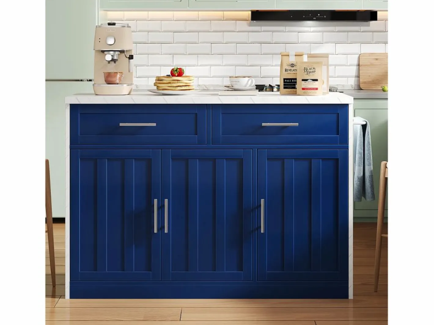 Carrito de cocina - Isla de cocina con 2 cajones y 3 puertas - toallero y cable de alimentación de 1,5 m Azul Best