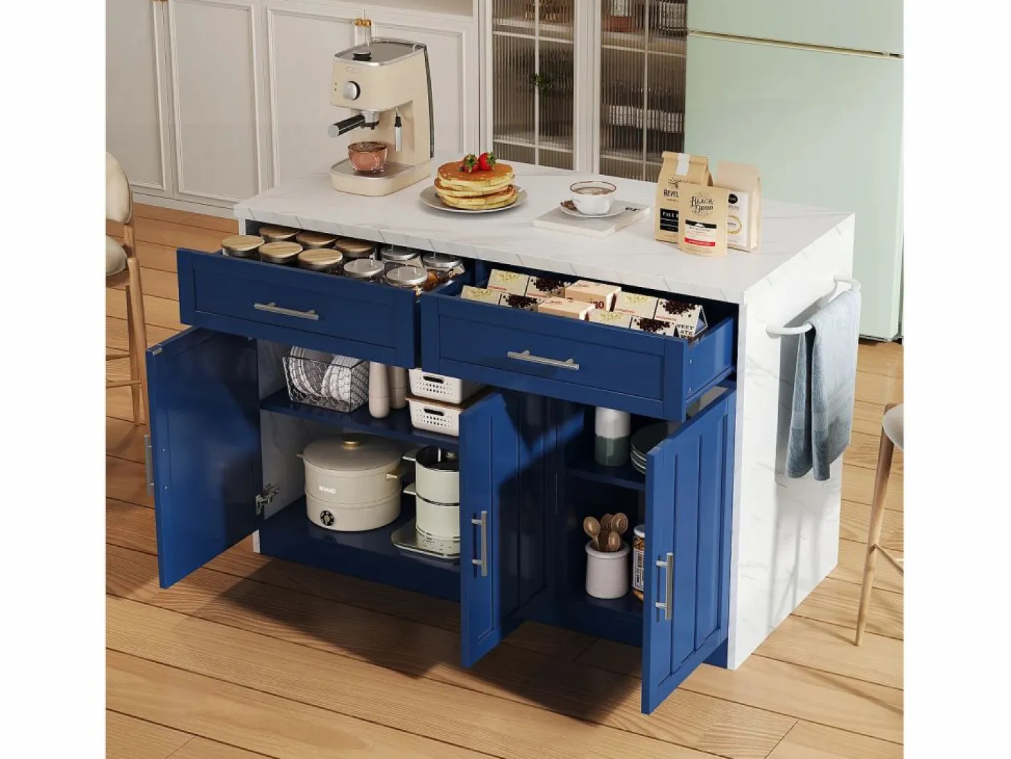 Carrito de cocina - Isla de cocina con 2 cajones y 3 puertas - toallero y cable de alimentación de 1,5 m Azul Best