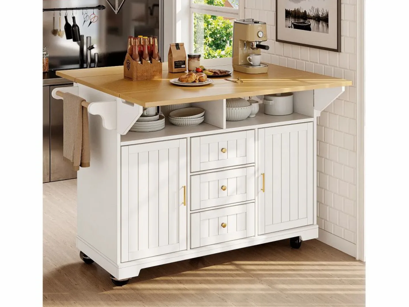 Carrito de cocina con 2 puertas, 3 cajones y toallero, especiero, bandeja extensible^Hauss Spole Best