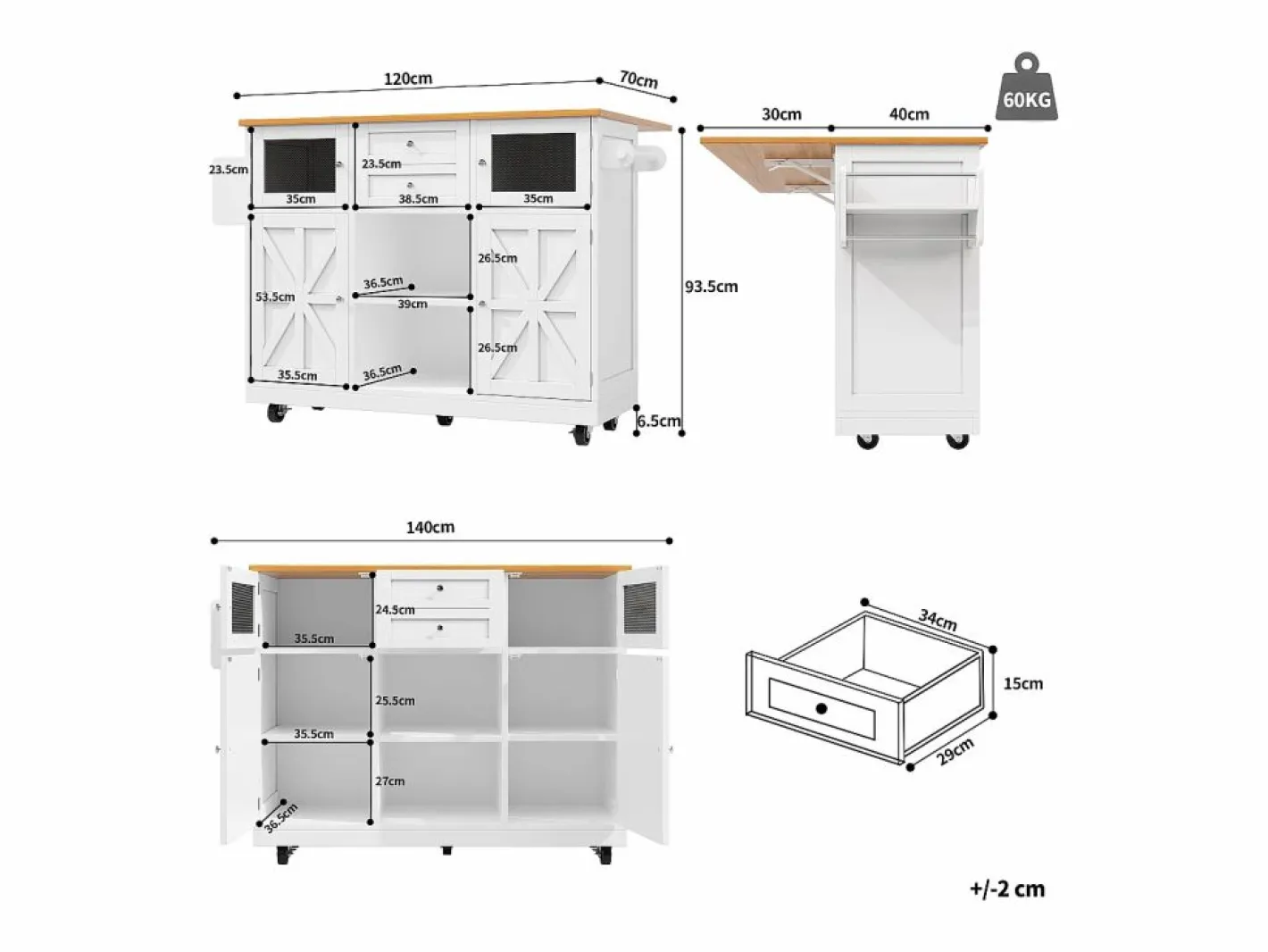 OKWISH Carrito de cocina con encimera de madera, toallero y estantes ajustables Blanco Online