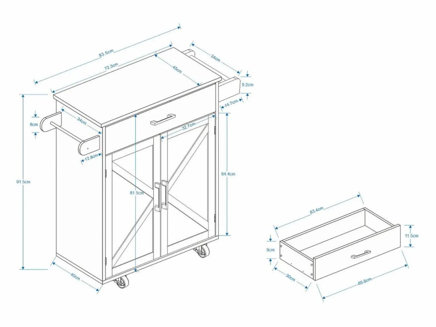 Hauss Spole Carrito de cocina con 2 puertas, cajón y toallero, tapa de madera Blanco Hot
