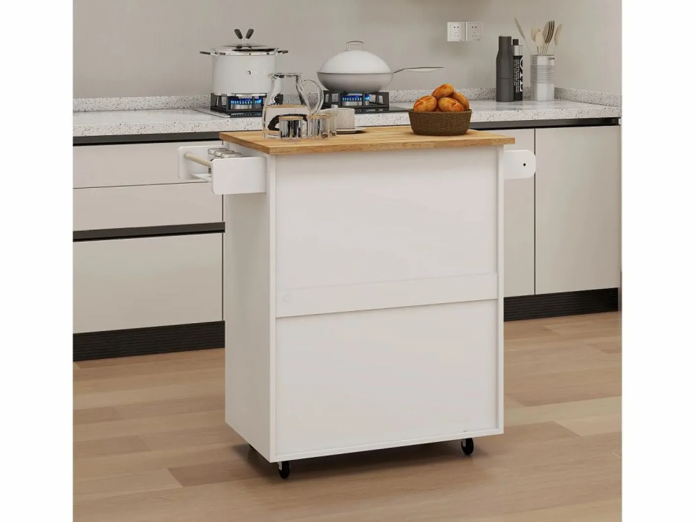 Hauss Spole Carrito de cocina con 2 puertas, cajón y toallero, tapa de madera Blanco Hot