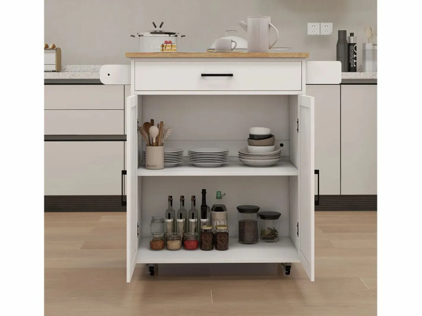 Hauss Spole Carrito de cocina con 2 puertas, cajón y toallero, tapa de madera Blanco Hot