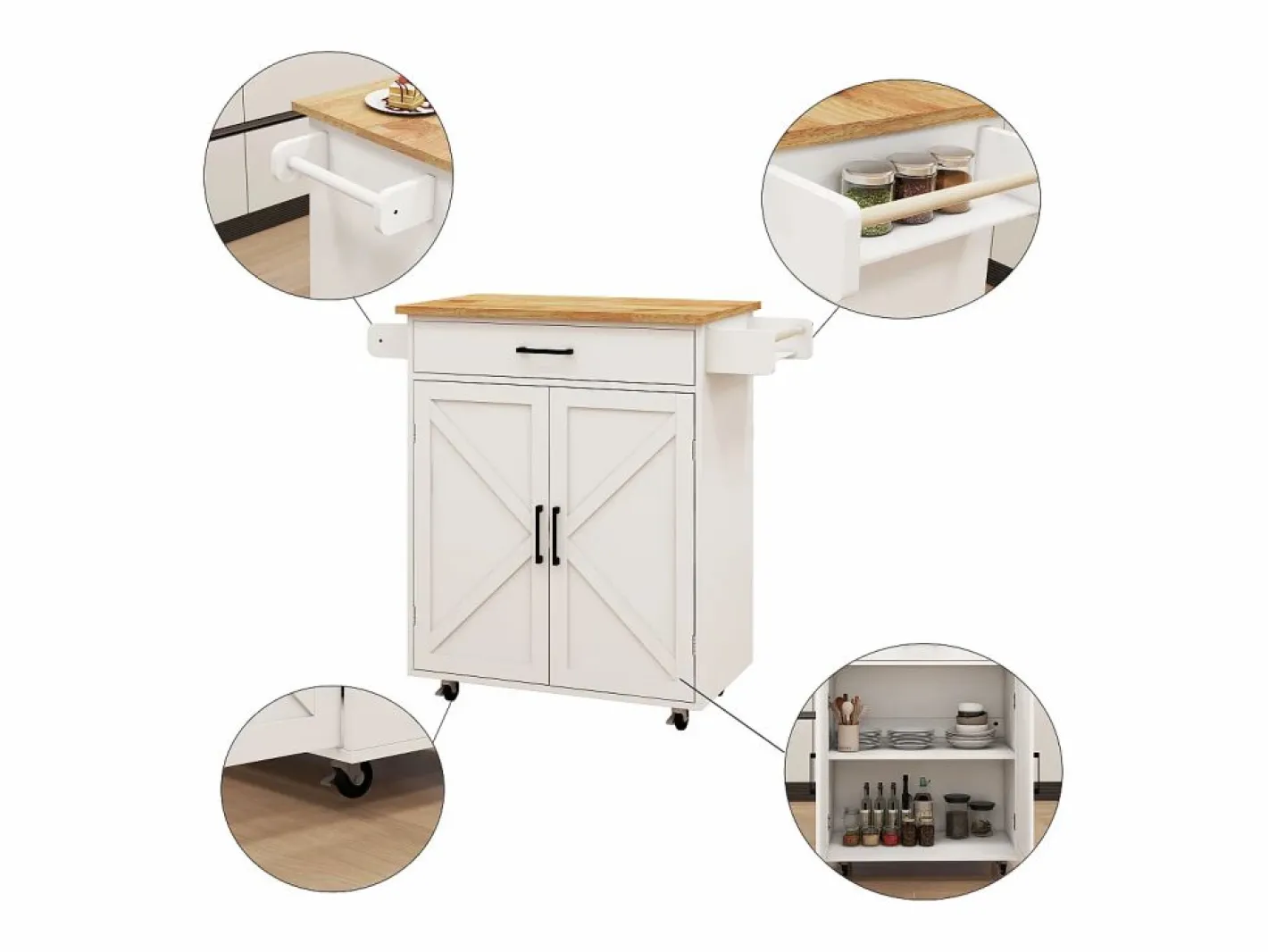 Hauss Spole Carrito de cocina con 2 puertas, cajón y toallero, tapa de madera Blanco Hot