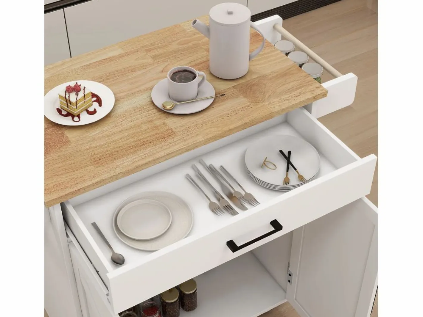 Hauss Spole Carrito de cocina con 2 puertas, cajón y toallero, tapa de madera Blanco Hot