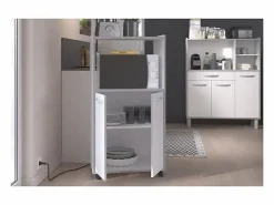 Mueble Camarera|Carrito de cocina compacto 60 cm mate 2 puertas + nicho con estante, espacio para microondas, patas de plástico, Made in France