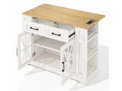 Hauss Spole Mueble Camarera|Carrito de cocina con ruedas con 2 cajones, 2 puertas de cristal y toma de corriente y puerto USB, tapa extensible imitación madera, cuerpo