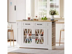 Hauss Spole Mueble Camarera|Carrito de cocina con ruedas con 2 cajones, 2 puertas de cristal y toma de corriente y puerto USB, tapa extensible imitación madera, cuerpo