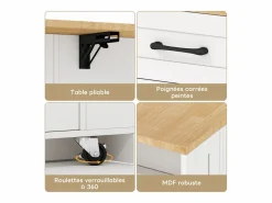 Hauss Spole Mueble Camarera|Carrito de cocina con ruedas con 2 cajones, 2 puertas de cristal y toma de corriente y puerto USB, tapa extensible imitación madera, cuerpo