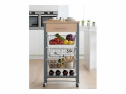Don Hierro Carrito de cocina Diana con 3 cestas extraíbles, cajón y botellero – mueble auxiliar con ruedas en color inox y haya Plateado Online
