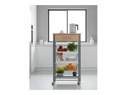 Don Hierro Carrito de cocina Diana con 3 cestas extraíbles, cajón y botellero – mueble auxiliar con ruedas en color inox y haya Plateado Online