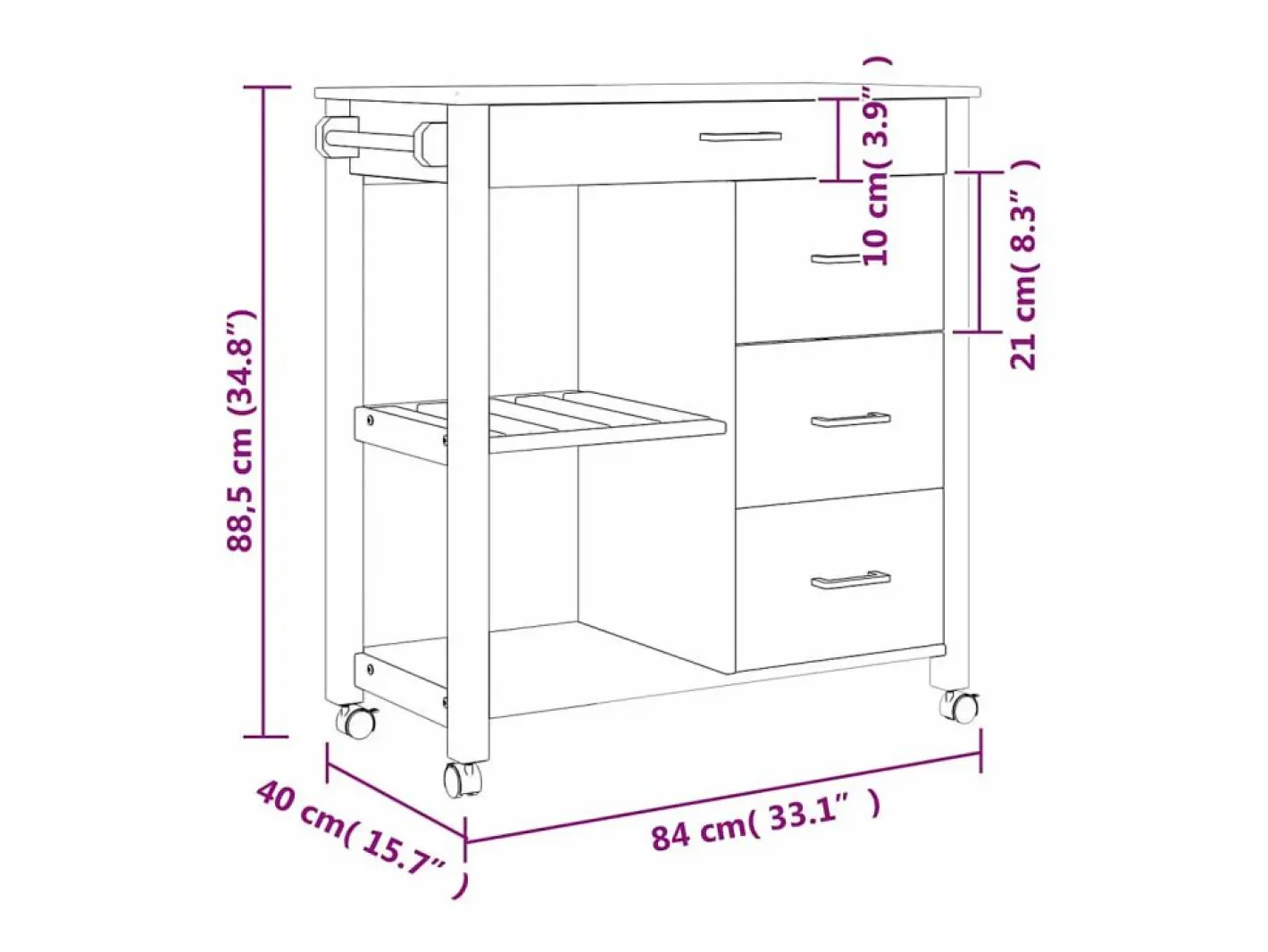 vidaxl Mueble Camarera|Carrito de cocina MONZA madera maciza de pino 84x40x88,5 cm