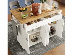 Carrito de cocina móvil - Isla de cocina con 2 cajones y 4 puertas - Especiero y toallero Blanco