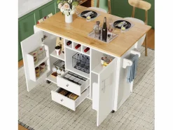 OKWISH Isla Cocina|Carrito de cocina móvil con encimera plegable, espacio de almacenamiento y botellero -