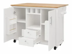 OKWISH Isla Cocina|Carrito de cocina móvil con encimera plegable, espacio de almacenamiento y botellero -
