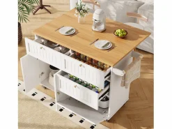 Carrito de cocina móvil con tapa extensible chapada en imitación madera, 3 cajones y 3 puertas incluidas, - 133x70x88cm^Hauss Spole