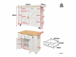Hauss Spole Carrito de cocina móvil con tablero extensible chapado en imitación madera, 2 cajones, 2 puertas y estantes incluidos, - 120x65x90cm Blanco Sale