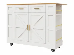 Hauss Spole Carrito de cocina móvil con tablero extensible chapado en imitación madera, 2 cajones, 2 puertas y estantes incluidos, - 120x65x90cm Blanco Sale