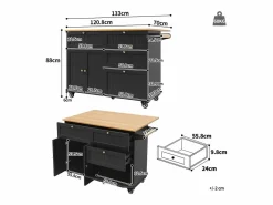 Hauss Spole Carrito de cocina móvil con tablero extensible chapado en imitación madera, 3 cajones y 3 puertas incluidas, - 133x70x88cm Negro New