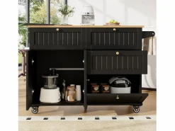 Hauss Spole Carrito de cocina móvil con tablero extensible chapado en imitación madera, 3 cajones y 3 puertas incluidas, - 133x70x88cm Negro New