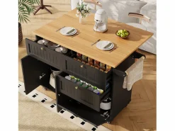 Hauss Spole Carrito de cocina móvil con tablero extensible chapado en imitación madera, 3 cajones y 3 puertas incluidas, - 133x70x88cm Negro New