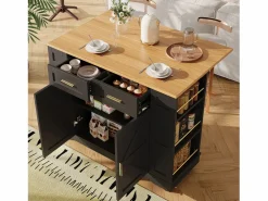 Hauss Spole Mueble Camarera|Carrito de cocina móvil con tablero extensible chapado en imitación madera, 2 cajones, 2 puertas y estantes incluidos, - 120x65x90cm