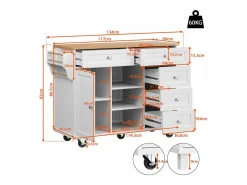 Mueble Camarera|Carrito de cocina móvil de madera con 1 puerta y 5 cajones, aparador con almacenaje 134x46x92 cm -