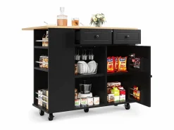 Carrito de cocina móvil con toallero - Isla de cocina con 2 cajones y 1 puerta - 5 compartimentos abiertos^ Outlet