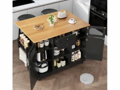 OKWISH Carrito de cocina con encimera de madera, toallero y estantes ajustables Negro Outlet