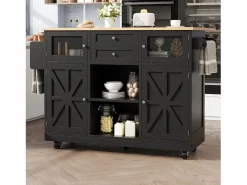 OKWISH Carrito de cocina con encimera de madera, toallero y estantes ajustables Negro Outlet