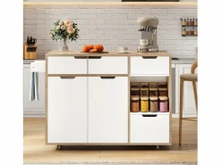 Carrito de cocina 120x46x85cm con ruedas giratorias 360°, cajones, puertas de armario y compartimentos abiertos en color para cocina y salón^ Outlet