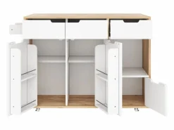 Carrito de cocina 120x46x85cm con ruedas giratorias 360°, cajones, puertas de armario y compartimentos abiertos en color para cocina y salón^ Outlet