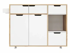 Carrito de cocina 120x46x85cm con ruedas giratorias 360°, cajones, puertas de armario y compartimentos abiertos en color para cocina y salón^ Outlet