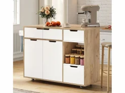 Carrito de cocina 120x46x85cm con ruedas giratorias 360°, cajones, puertas de armario y compartimentos abiertos en color para cocina y salón^ Outlet