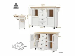 Carrito de servicio - Carrito de servicio con 4 cajones y 2 puertas - Bandeja retráctil y especiero - para comedores y cocinas Blanco Outlet