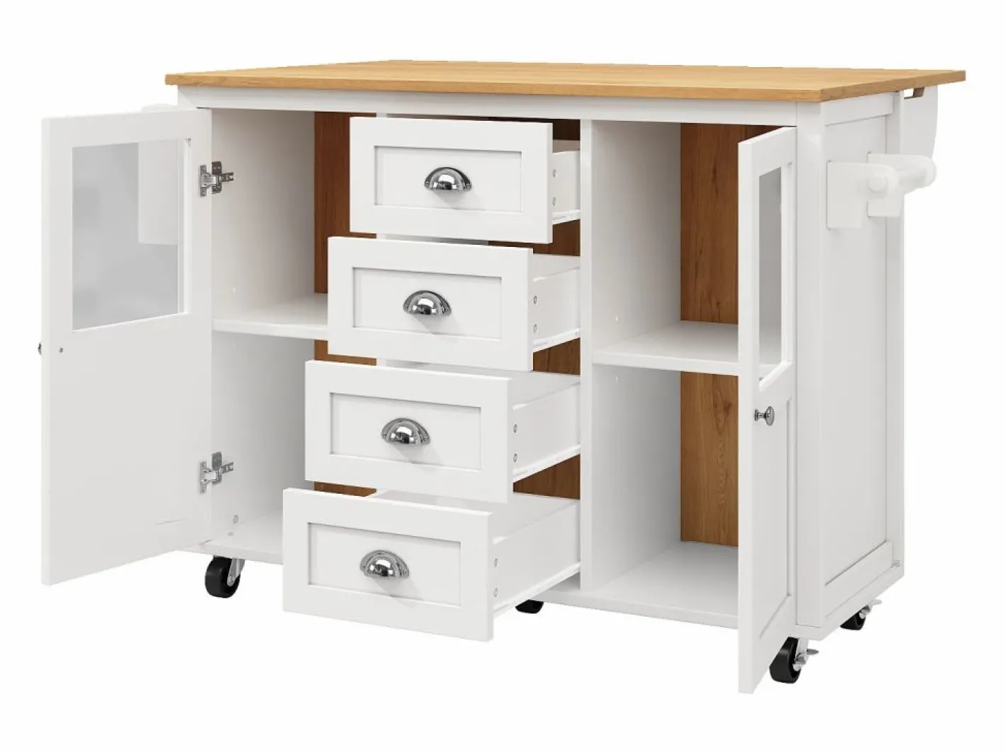 Carrito de servicio - Carrito de servicio con 4 cajones y 2 puertas - Bandeja retráctil y especiero - para comedores y cocinas Blanco Outlet
