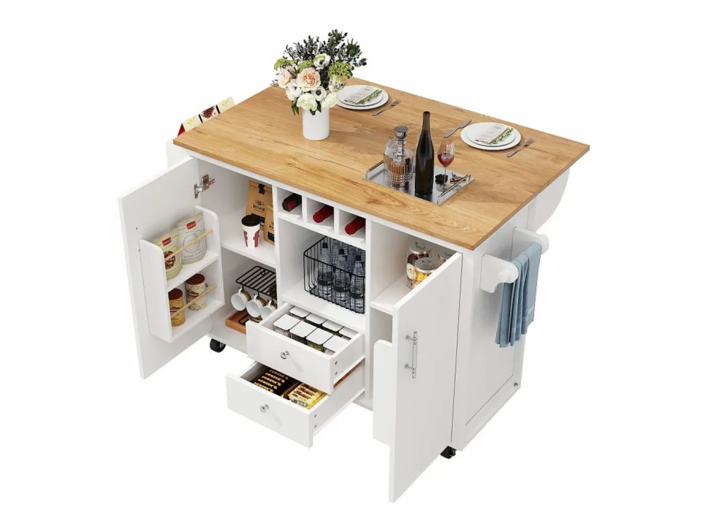 Carrito de servicio - Carrito de servicio con 2 cajones y 2 puertas - especiero y botellero - para comedor^ Clearance