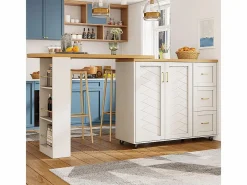 Carro de bar extensible con 2 puertas y 3 cajones, con ruedas, mostrador exterior de madera,^KOMHTOM Online