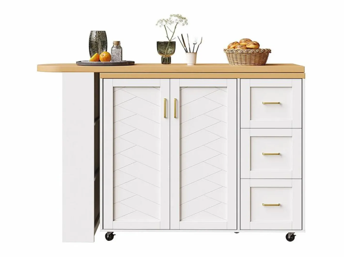 Carro de bar extensible con 2 puertas y 3 cajones, con ruedas, mostrador exterior de madera,^KOMHTOM Online