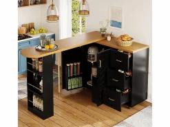 KOMHTOM Carro de bar extensible con 2 puertas y 3 cajones, con ruedas, mostrador exterior de madera, Negro Discount