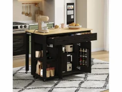 Carro de cocina 120x44x91,5 con barra de bar y tomas de corriente, dos cajones y dos puertas de armario con separadores en color para cocina y comedor Negro Best