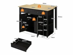Carro de cocina 120x44x91,5 con barra de bar y tomas de corriente, dos cajones y dos puertas de armario con separadores en color para cocina y comedor Negro Best
