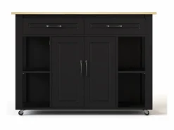 Carro de cocina 120x44x91,5 con barra de bar y tomas de corriente, dos cajones y dos puertas de armario con separadores en color para cocina y comedor Negro Best