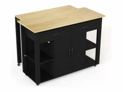 Carro de cocina 120x44x91,5 con barra de bar y tomas de corriente, dos cajones y dos puertas de armario con separadores en color para cocina y comedor Negro Best