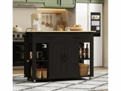 Carro de cocina 120x44x91,5 con barra de bar y tomas de corriente, dos cajones y dos puertas de armario con separadores en color para cocina y comedor Negro Best