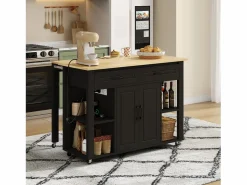 Carro de cocina 120x44x91,5 con barra de bar y tomas de corriente, dos cajones y dos puertas de armario con separadores en color para cocina y comedor Negro Best
