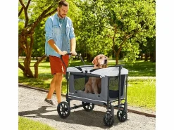 Transportín De Paseo Para Animales|Carro plegable para perros y gatos, diseño cargo, poliéster, oscuro, con cojín y ventanas de malla (110x65x102cm)