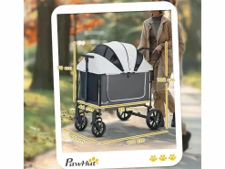 Transportín De Paseo Para Animales|Carro plegable para perros y gatos, diseño cargo, poliéster, oscuro, con cojín y ventanas de malla (110x65x102cm)