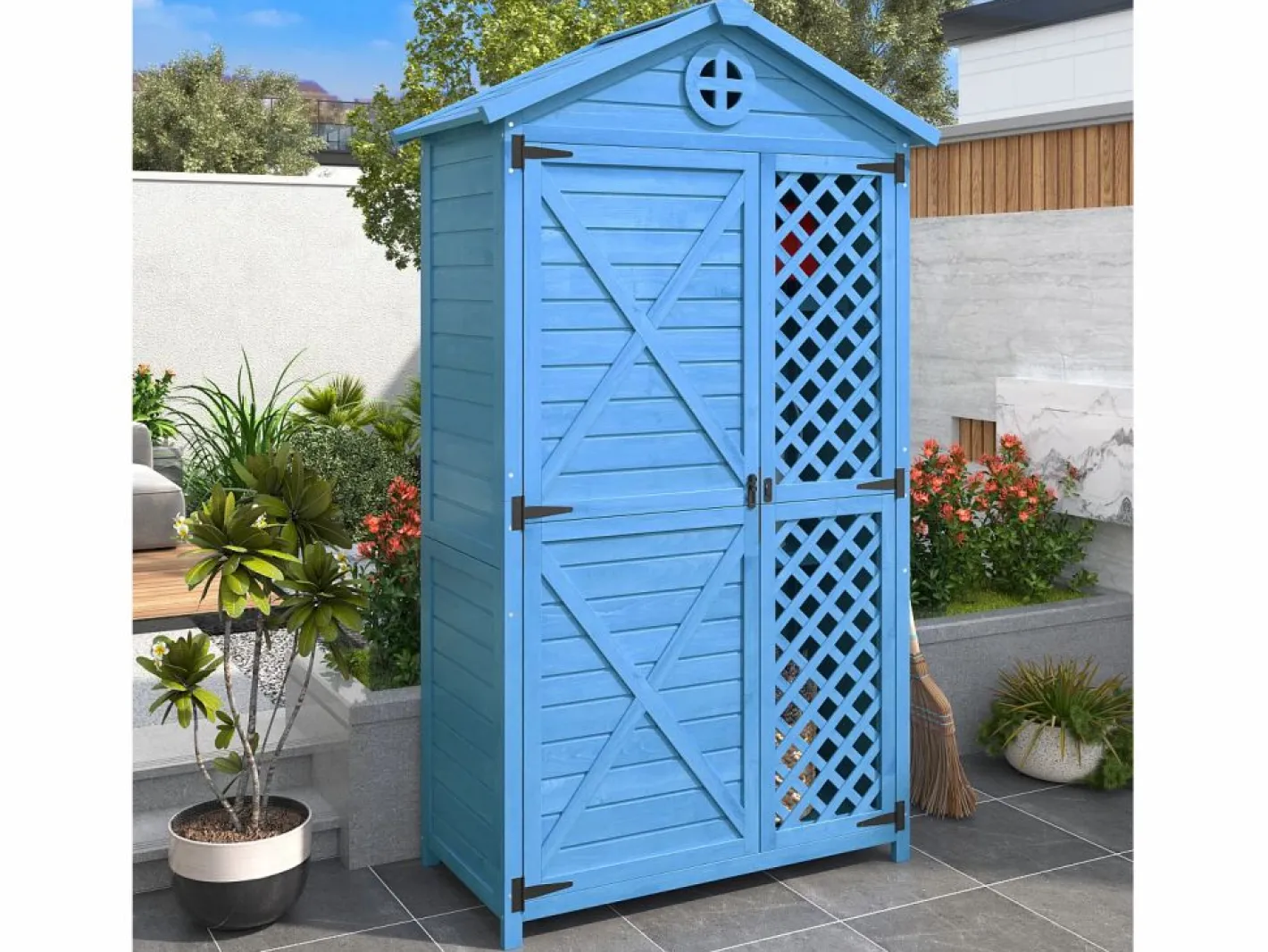 Merax Caseta de jardín de madera maciza con techo inclinado resistente a la intemperie - 2 puertas 3 estantes - 90 x 56,5 x 175,3 cm - Azul