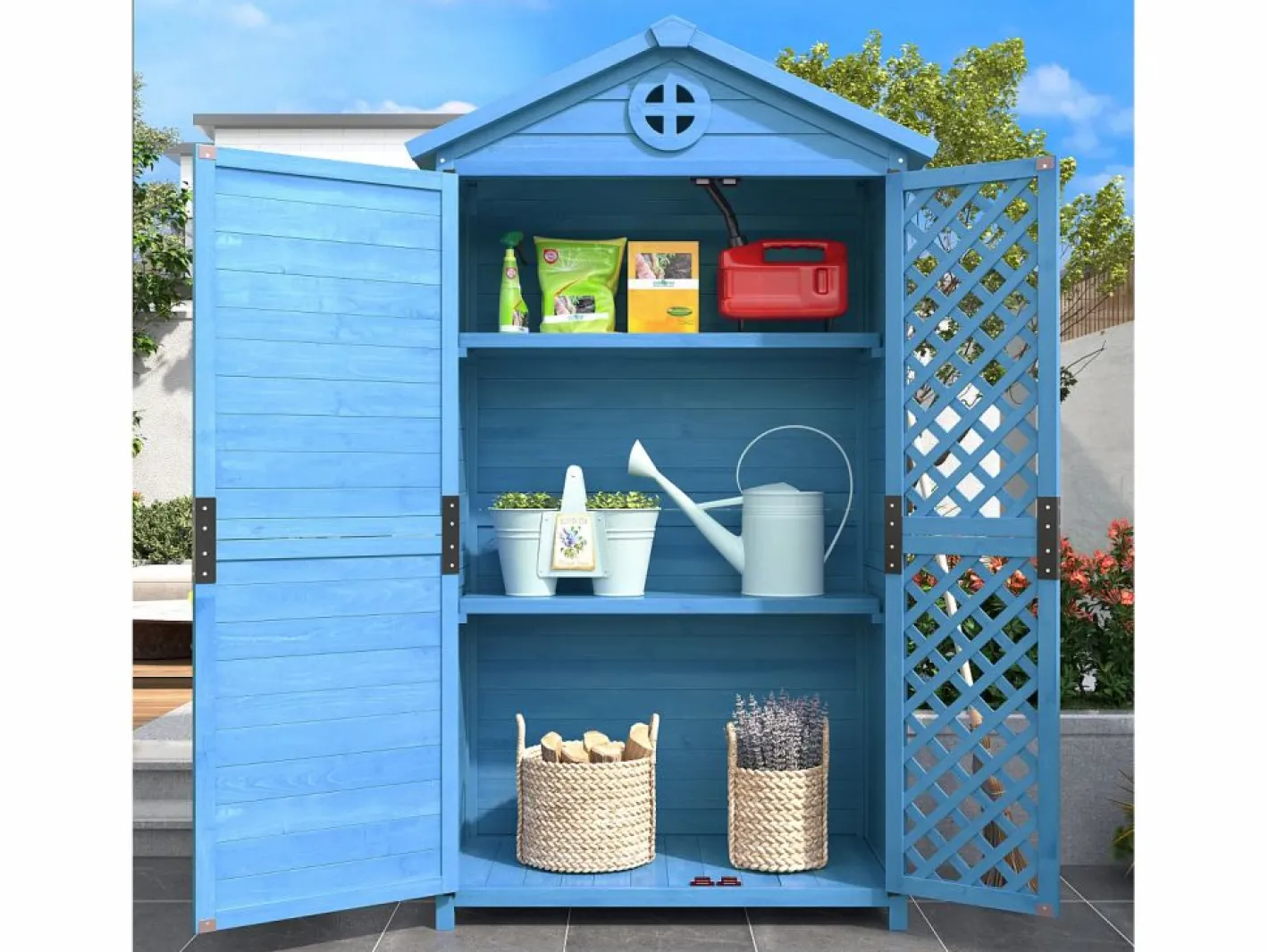 Merax Caseta de jardín de madera maciza con techo inclinado resistente a la intemperie - 2 puertas 3 estantes - 90 x 56,5 x 175,3 cm - Azul